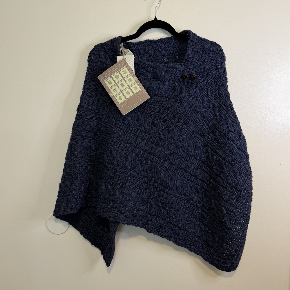 Aran Sweater Market Poncho Sweater Blue Wool Cable Fisherman Ireland One Size